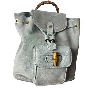 Light blue green Gucci Suede vintage bamboo handle mini backpack